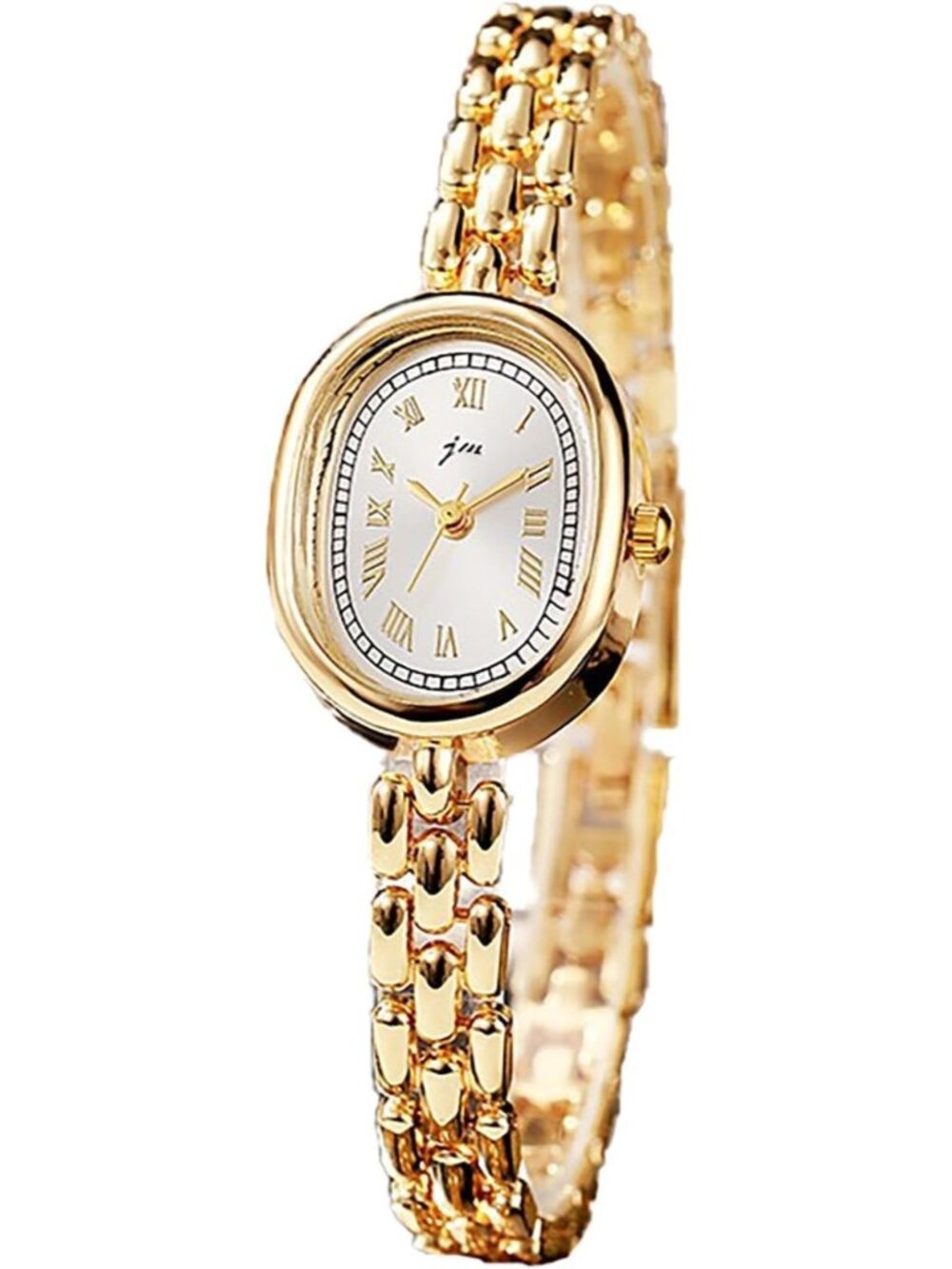 Women’s Gold White Oval Bracelet Small Face Roman Numeral Quartz Buckle Watch
